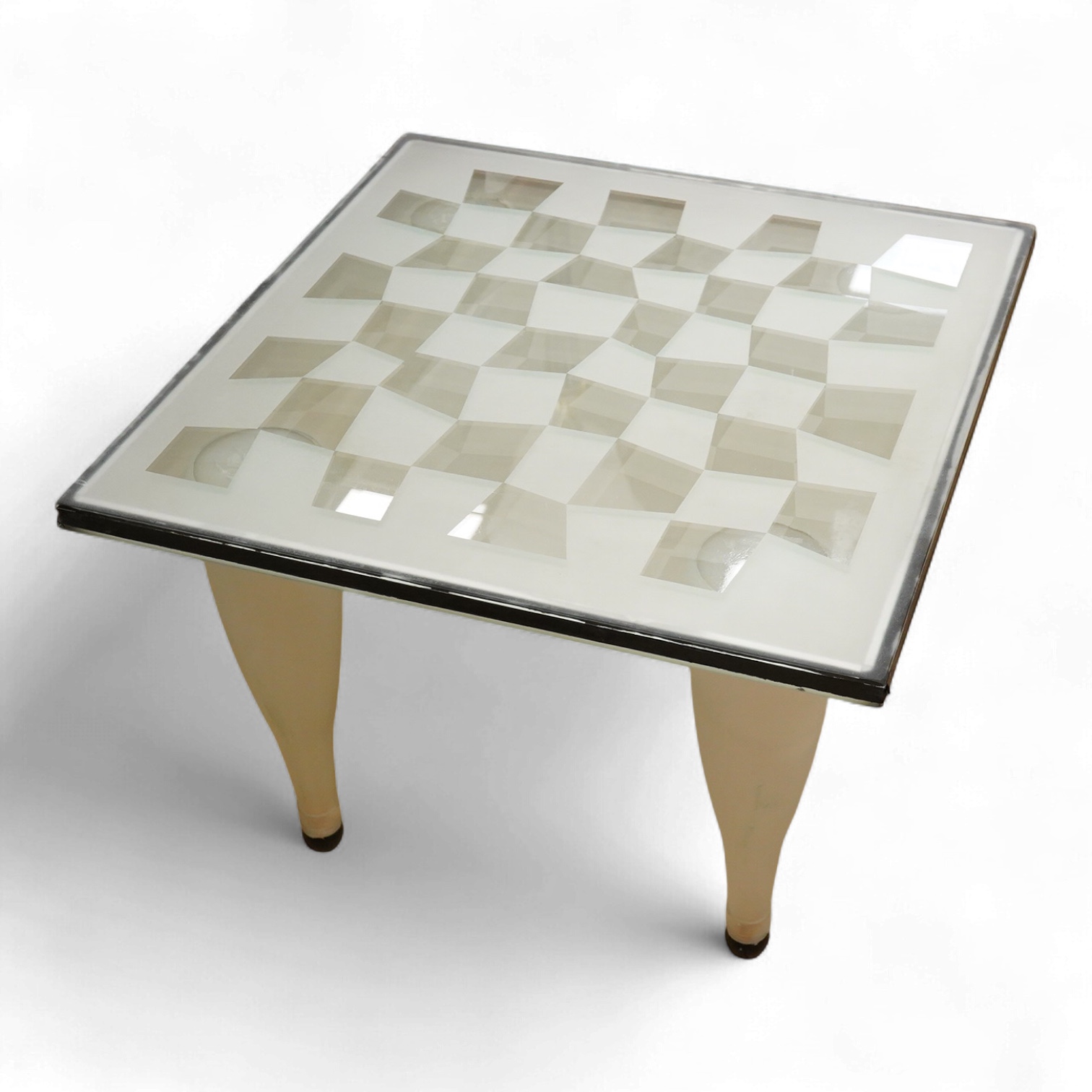 A Mary Canny an Art glass ‘Bottle table’, with abstracted checker board glass top- 49cm wide x 48cm deep x 35cm high